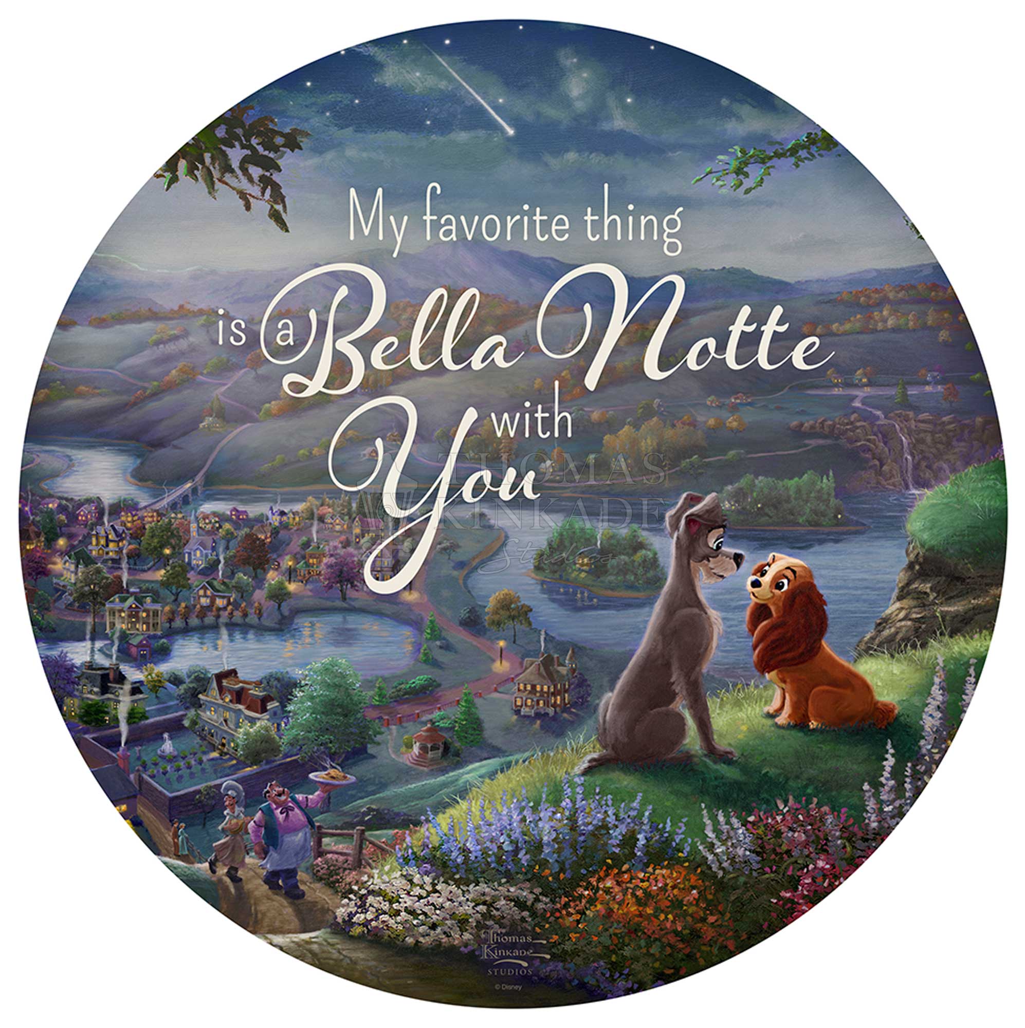Disney Lady and the Tramp Falling in Love - 21" Round Wood Sign