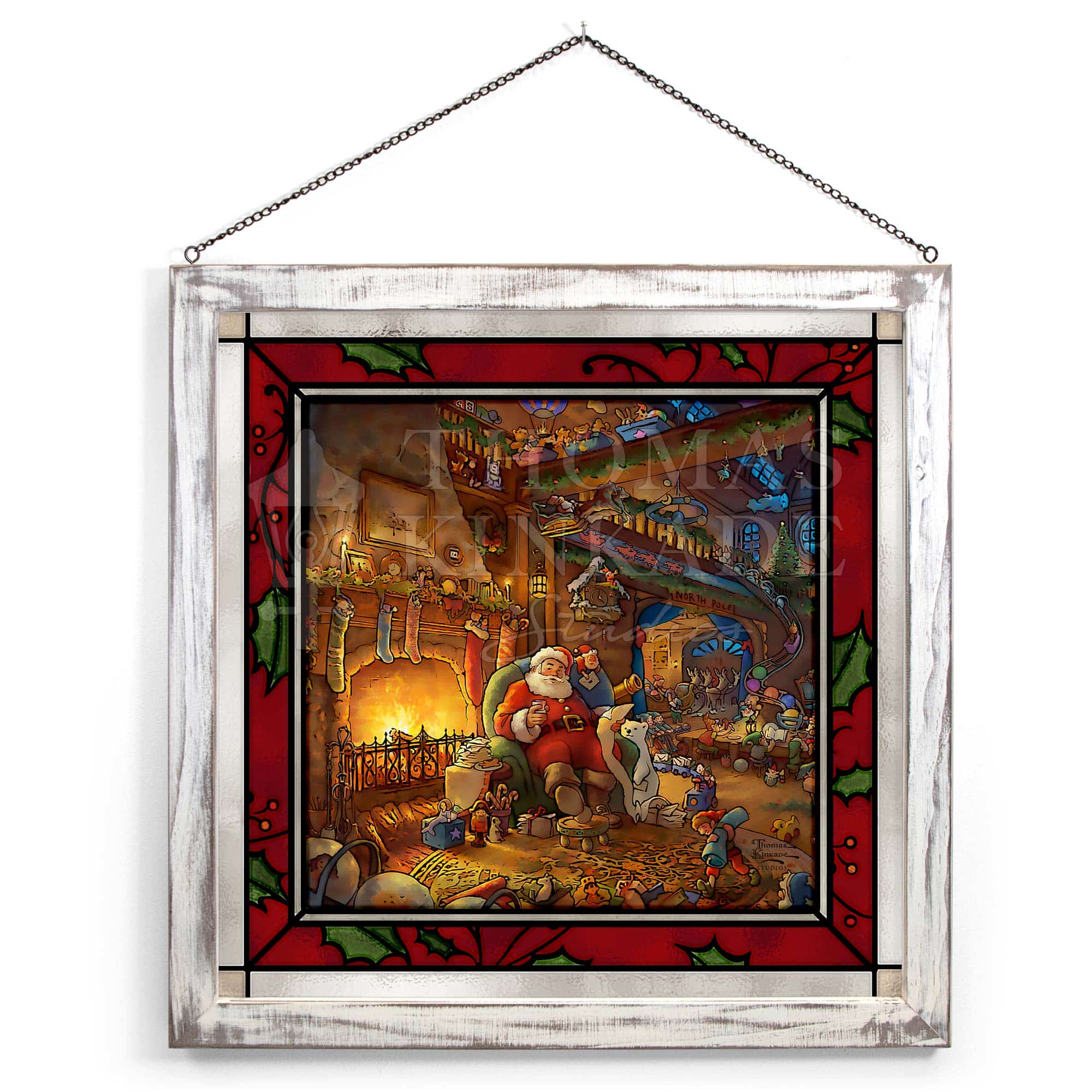 Santa's Workshop - 20" x 20" Framed Glass Art (White Frame)