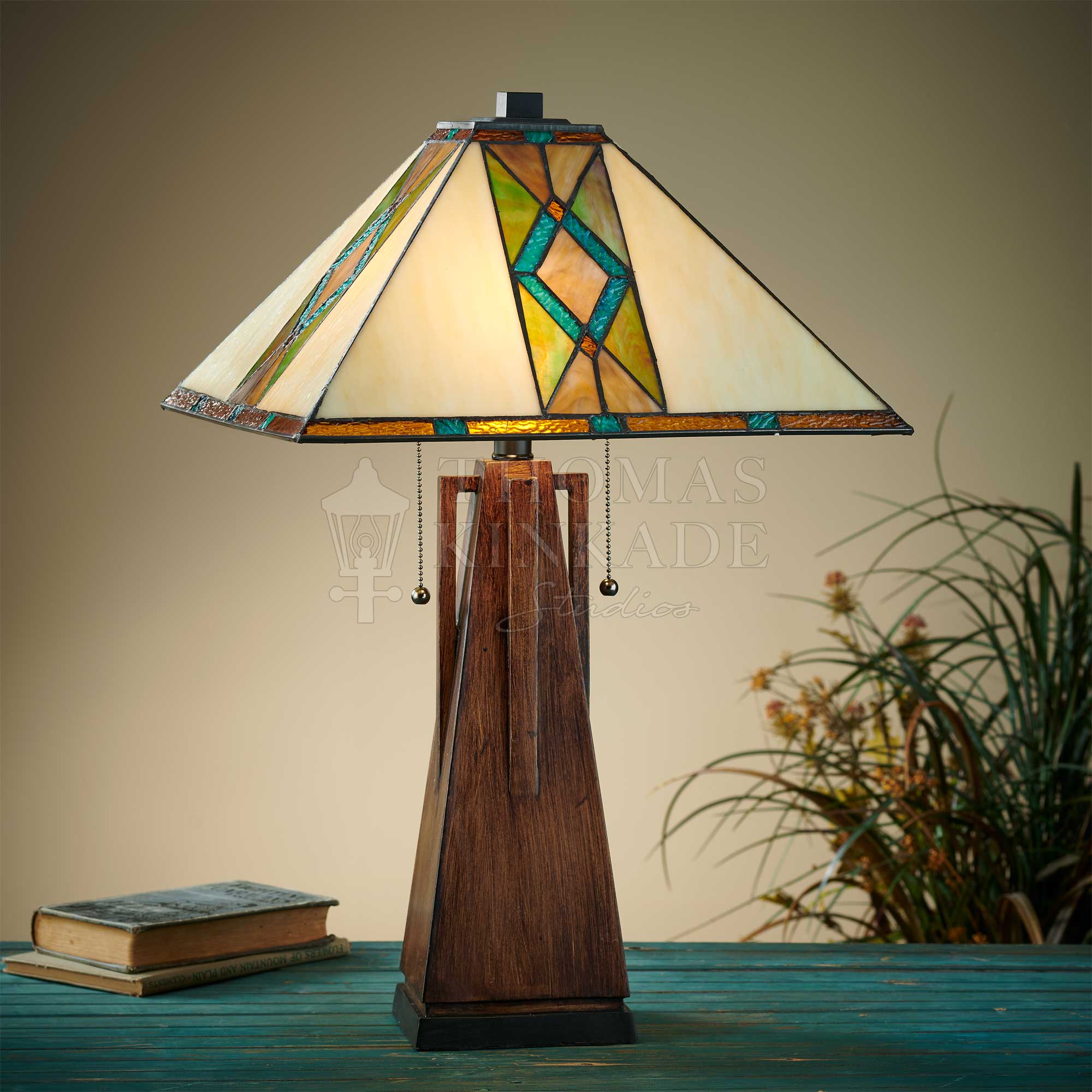 Turquoise Diamond Glass & Wood Lamp