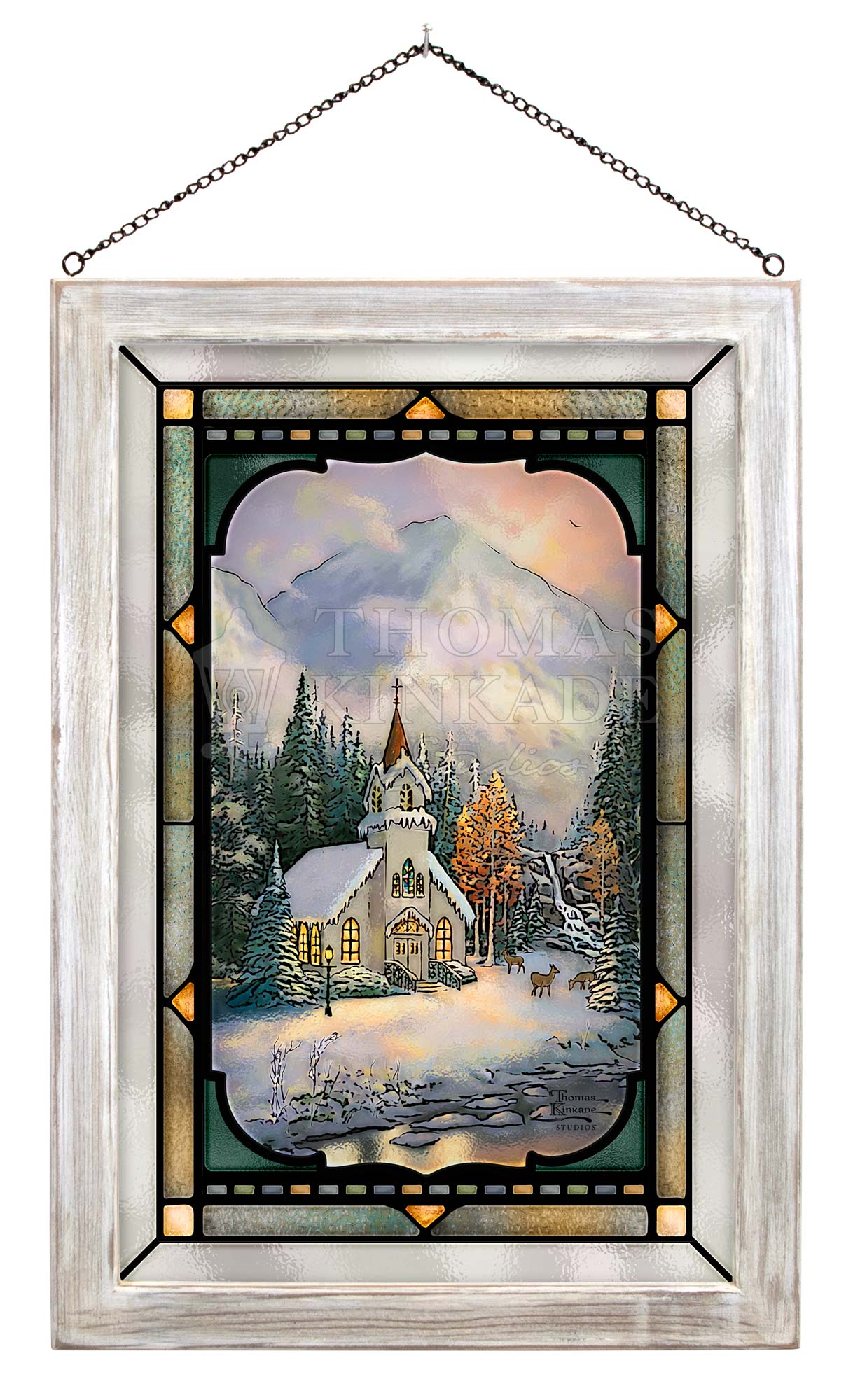 Deer Creek Chapel - 20" x 14" Framed Glass Art (White Frame)