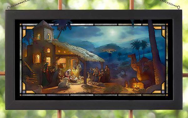 The Nativity - 13" x 23" Framed Glass Art (Black Frame)